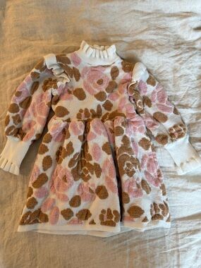 Janie and Jack Pink & Brown Floral Ruffle Sweater Dress